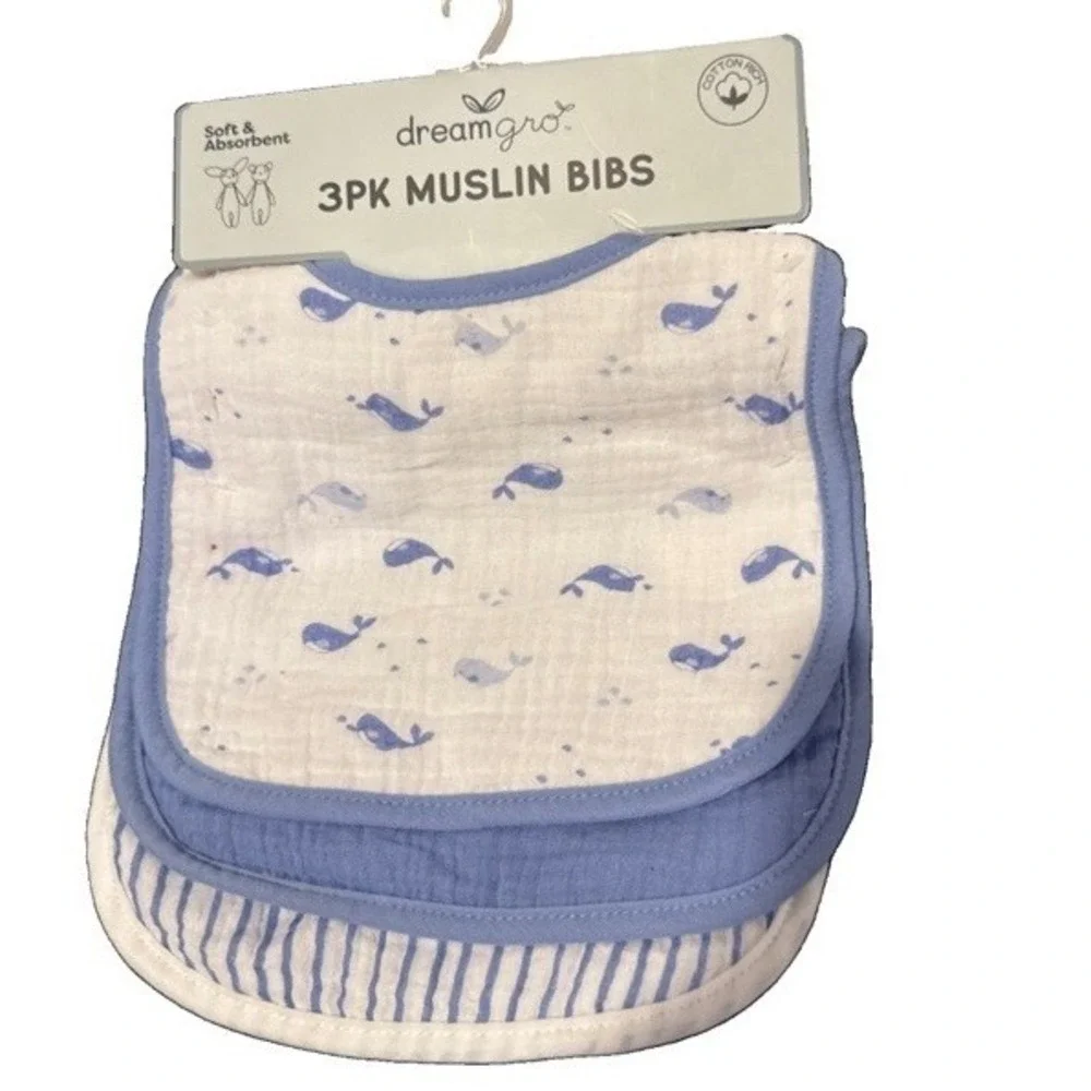 NWT Muslin 3 Pack Nautical Baby Bibs Absorbent Whales Stripes & Solid DreamGro